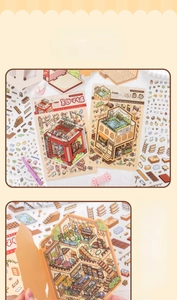 3D isometric layered building stickers with unique foldable cover design for scrapbooking