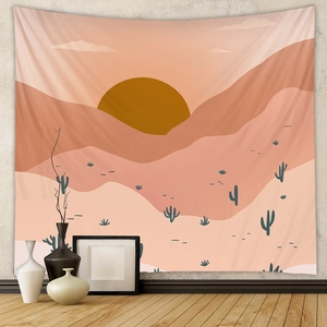 Detailed texture of Boho tapestry featuring a desert sunset and minimalist cacti art