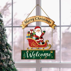 Panneau de porte Noël en bois avec Père Noël en traîneau et bannière Welcome
