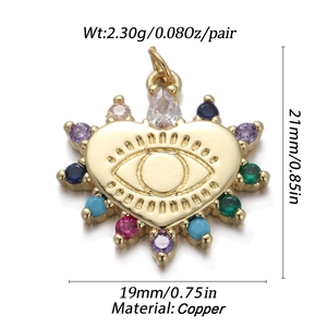 Detail of gold heart evil eye pendant with colorful gems and precise size measurements