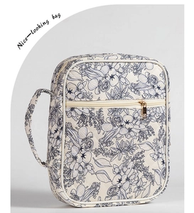 Detailed close-up of quilted floral book bag with metal zipper and carry handle