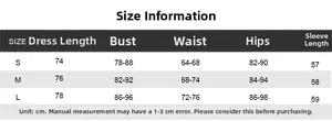 Size chart for A-line flare sleeve mini dress including length, bust, waist, and hips in cm