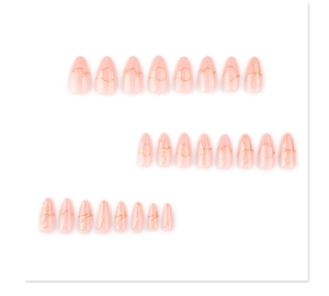 Detail of 24pcs pink almond press on nails with elegant 3D gold wire bow designs