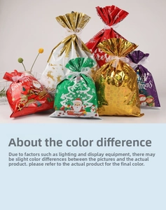 Detailed view of colorful Christmas drawstring gift bags with Santa and reindeer patterns