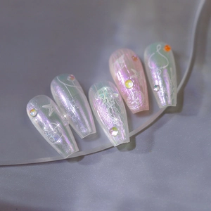 Aurora mermaid coffin press-on nails with 3D seashells and pearl starfish accents