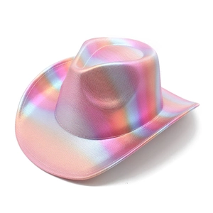 Close-up of the holographic iridescent pink surface and texture of the cowboy hat