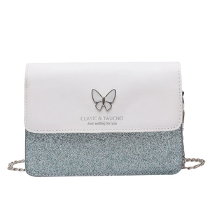Chic dual-tone chain bag with white leather, glitter finish, and butterfly clasp
