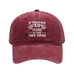 Vintage burgundy washed cotton baseball cap with white 50th birthday embroidery