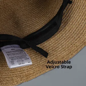 Detail of adjustable velcro strap and sweatband inside the straw sun hat