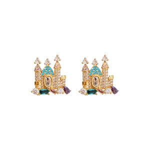 Luxurious gold-plated castle earrings set with colorful sparkling cubic zirconia stones