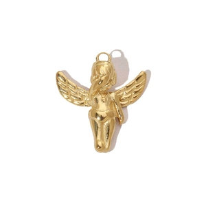 Detailed view of a 14k gold-plated stainless steel cupid angel pendant charm