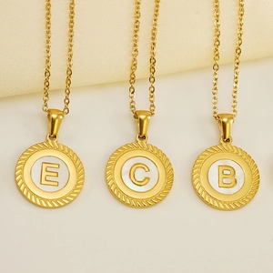 Vintage 18K Gold Plated Stainless Steel Round Enamel Initial Letter Pendant Necklace For Women Men Personalized Alphabet Jewelry