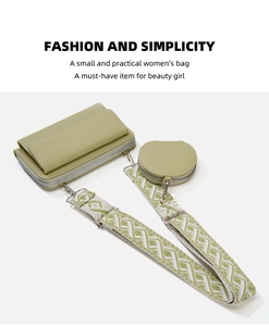 Detail view of grass green lychee faux leather crossbody bag with geometric fabric strap