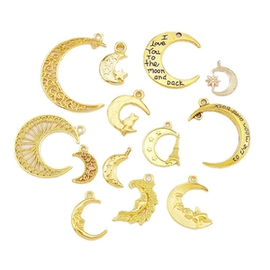 Golden moon and star alloy charms for DIY jewelry making displayed on white background