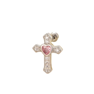 Cross earrings with pink heart zircon and white stones in gold plating finish