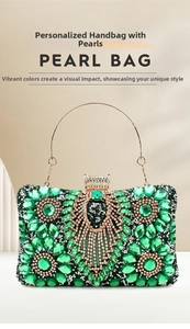 Macro detail of luxury green emerald gemstone clutch bag with gold ring handle and rhinestones