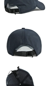 Détails des mailles découpées au laser et boucle ajustable sur la casquette marine