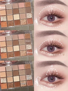 Dettaglio della palette ombretti 25 colori con tonalità ambra e tutorial trucco