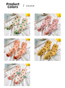 Detail of five fruit and vegetable pattern crew socks with ribbed cuffs and contrast toes