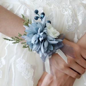 Boutonnière De Mariage En Fleur De Satin Bleu Poussiéreux Et Corsage De Poignet Rose Artificielle Marié Mariée Fête Accessoires