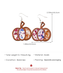 Detail showing pumpkin-shaped earrings with wood frames and colorful star glitter sequins