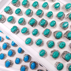 Set of vintage silver alloy rings with turquoise stones featuring ethnic relief patterns