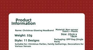 Detailed specifications for Christmas luminous headbands showing materials and 11 style options