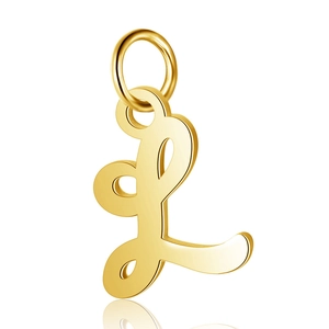 Detail of a shiny gold letter L pendant with hollowed stainless steel finish