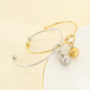 Stainless Steel Open Bangle Bracelet With Knotted Design And Ball Pendant Minimalist Fashion Jewelry For Women