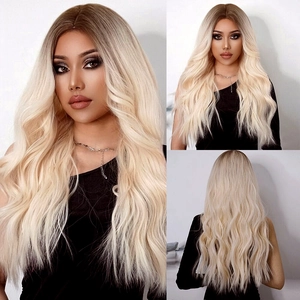 Long wavy ombre blonde wig with middle part showing front, side and back views