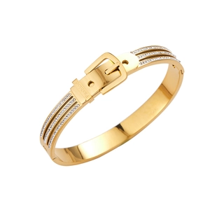 Golden stainless steel belt buckle bangle with cubic zirconia accents and cutout design