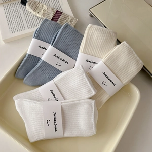 Women Crew Socks Japanese Style Ribbed Combed Cotton Solid Color Breathable Elastic Slouch Socks Retro Minimalist
