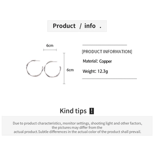 Detailed size chart showing 6cm geometric twisted silver hoop earrings made of copper