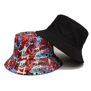Graffiti print and plain black wide brim sun hats for outdoor UV protection