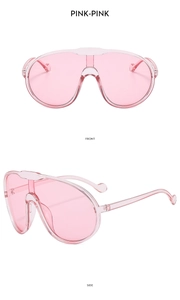 Front and side views of oversized pink wrap-around cycling sunglasses in transparent finish