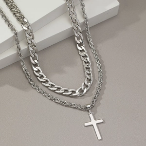 Men's hip hop double-layered silver cross necklace with twisted and rope chain details