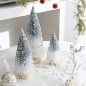Three-piece frosted champagne silver sisal Christmas tree set with natural wood bases