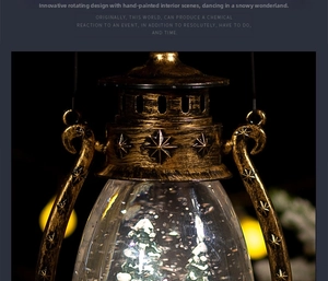 Detailed view of bronze vintage Christmas lantern with snowflakes and rotating tree