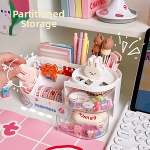 Close-up of a white desktop organizer with cute rabbit patterns and clear drawers