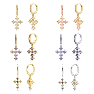 French Light Luxury Copper Zirconia Cross Huggie Earrings With 925 Sterling Silver Earring Post For Women Daily Party Jewelry
