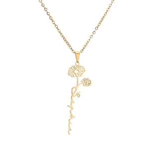 Detail of gold stainless steel daisy necklace featuring a custom Sophia name pendant