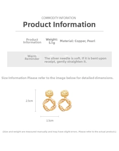 Detailed view of gold plated pearl earrings with size dimensions and weight info