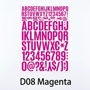 Close-up of magenta D08 vinyl stickers with uppercase letters and numbers on white background