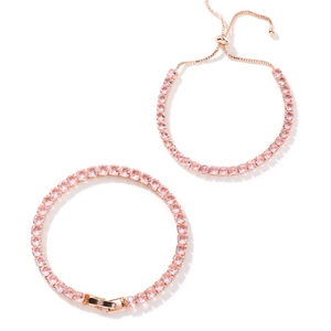 Two-piece rose gold adjustable tennis bracelet set with sparkling pink zircon gemstones