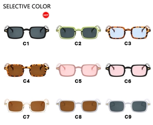 Detailed color selection of retro square sunglasses featuring nine various frame and lens styles