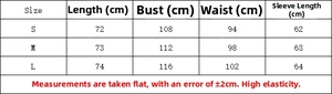 Detailed size guide table for long sleeve leather patchwork shirt with specific measurements