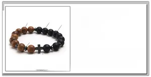 Detail view of cross bracelet with 10mm lava stone, wood beads, size and weight specs