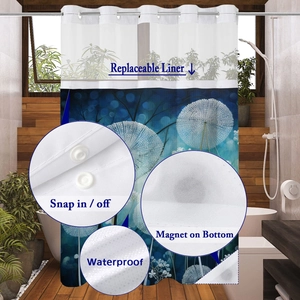 Detail of snap-in replaceable liner with magnetic bottom for waterproof floral shower curtain