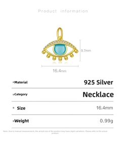 Detailed specs of S925 sterling silver evil eye pendant with dimensions and weight info