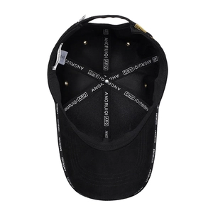 Black men's baseball cap featuring interior branded seam tape and golden metal buckle